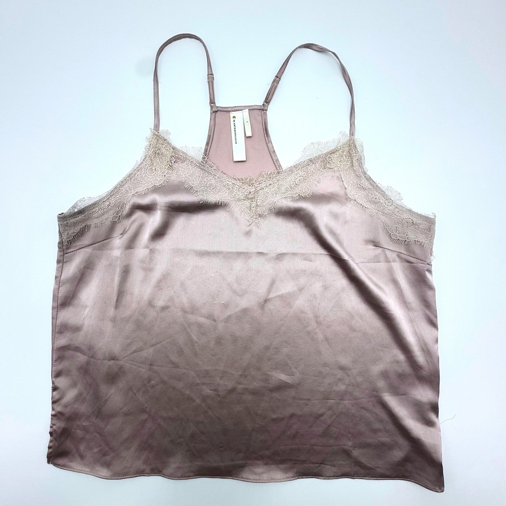 Anthropologie Mauve Pink Satin Lace Trim‎ Racerback Camisole Top Size L